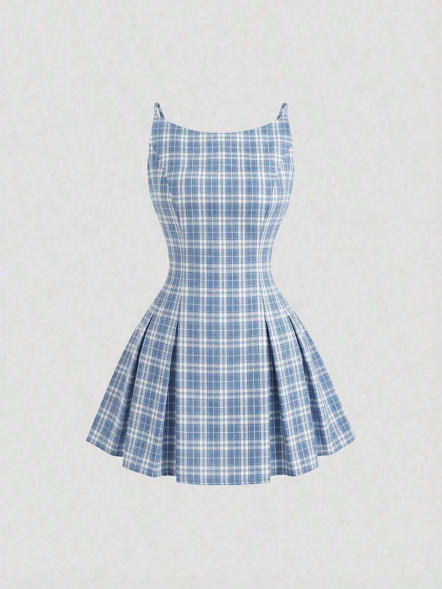 Elegante vestido mini ajustado sin mangas con estampado de cuadros - Azul - Ver 1