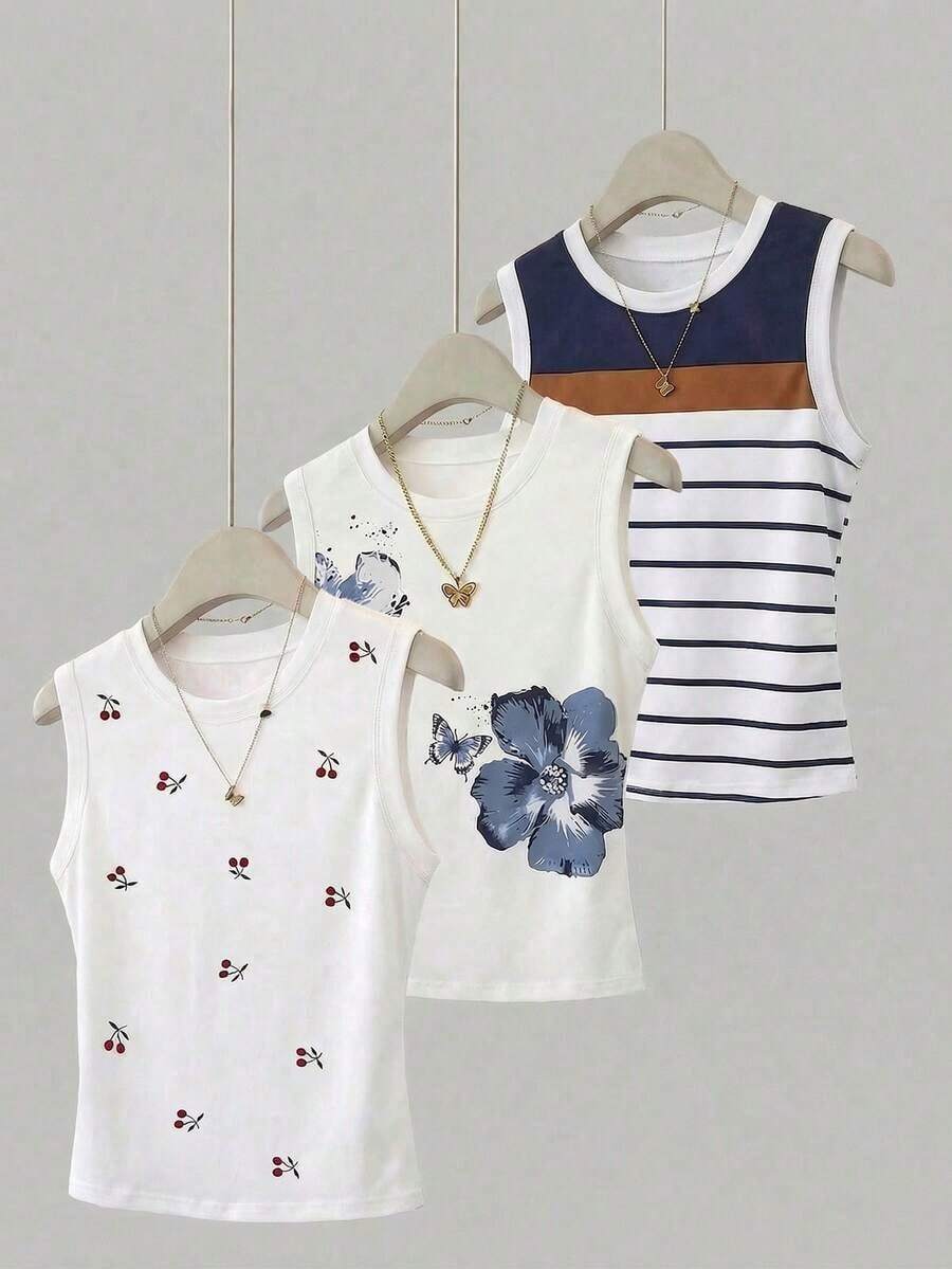 Camiseta de tirantes casual y versátil con cuello redondo y rayas para mujer - Multicolor 16 - Ver 1