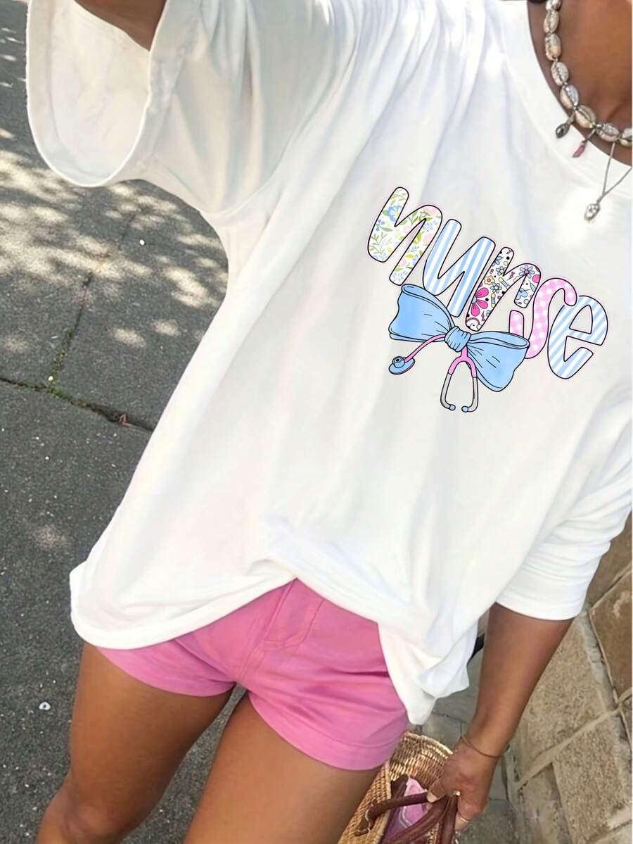 Women Pure Cotton T Shirt Fun Print Words Mouse With Bow Cute T Shirt Summer Clothing Y2k Fashion High Quality Summer Wear Party Women's Outfit Trendy Casual Top For Girls And Women - Blanco - Ver 1