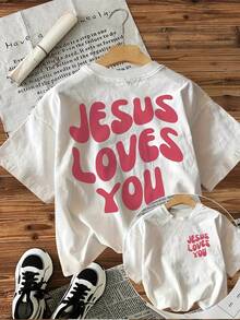 Women's Inspirational T-Shirt, "Jesus Loves You" Letter Print, Short Sleeves, Crew Neck, Casual Top, All-Season Knit Fabric, 100% Cotton, 180 G/M² - Regular Length, Y2k T-Shirt Shirt - 白色 - 查看 2