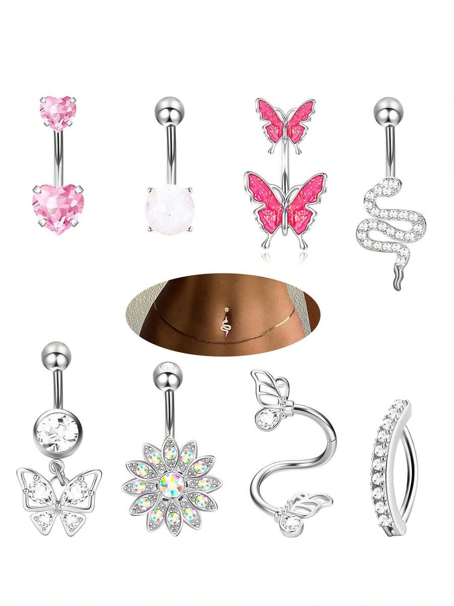 Bộ 8 khuyên rốn kiểu Y2K hình bướm, rắn, hoa, trái tim đính đá Zirconia, thích hợp cho đi biển, dự tiệc, lễ hội và các dịp thể hiện phong cách cá nhân. - 8 miếng - Xem 1