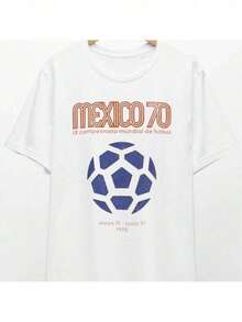 Camiseta de Algodón 100% Puro con Estampado Gráfico y Texto de Fútbol México 70 - Estilo Casual Simple - Camiseta de Manga Corta con Cuello Redondo, Suave y Cómoda, con Estampado de Retrato Audaz, Top de Moda Urbana para Todas las Temporadas, Ropa Casual Urbana |   Camiseta de cuello redondo |   Camisa de algodón 100% algodón--Ligero y transpirable - Blanco - Ver 8