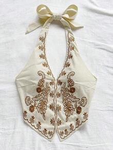 Top corto para mujer estilo bohemio sin mangas con diseño de espalda de tirantes, cuello halter con diseño anudado y bordados florales, adecuado para festivales de música - Negro - Ver 7