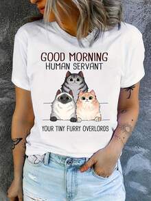 Funny Cat Letter Print T-Shirt - White - View 1