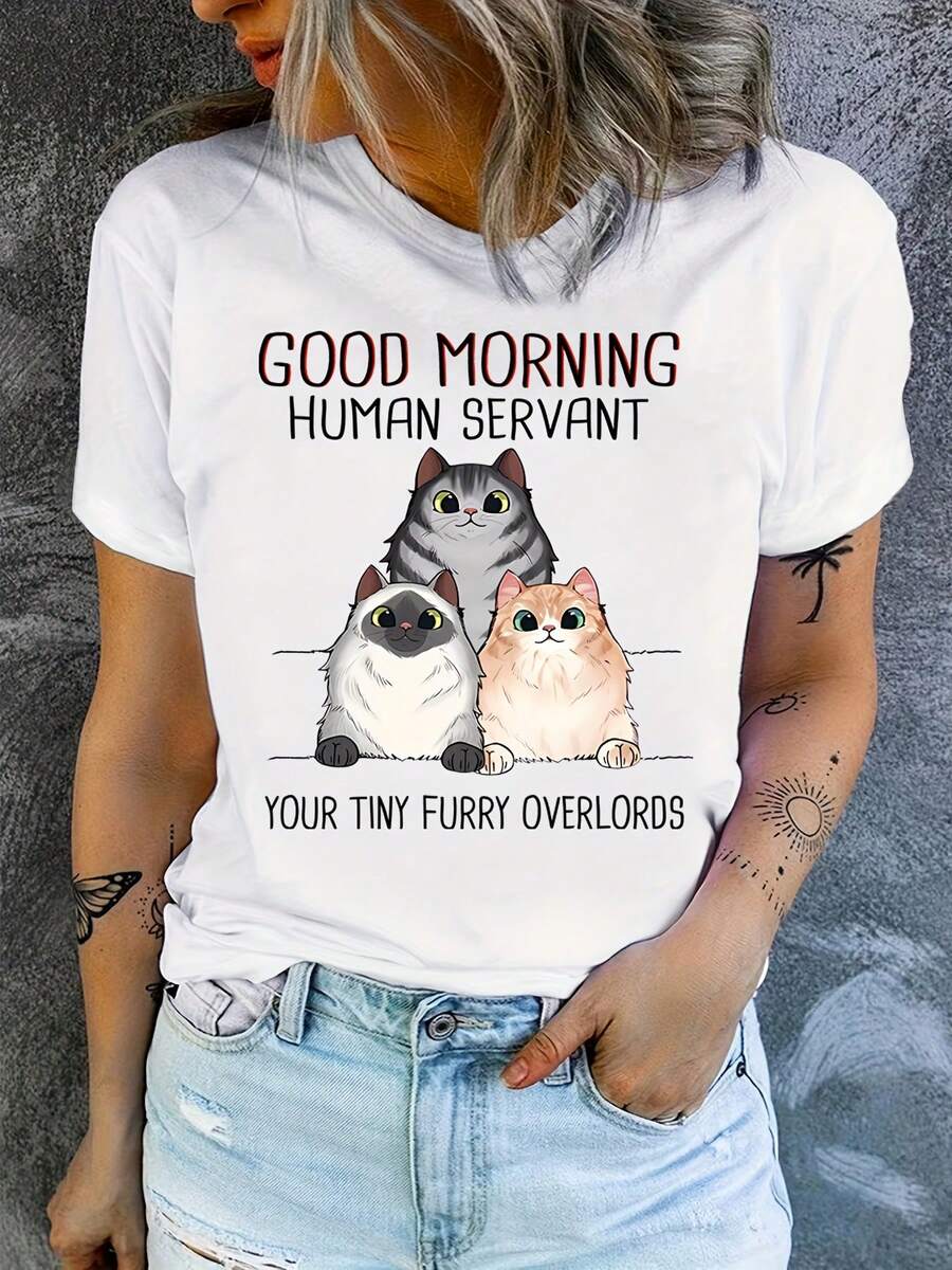 Funny Cat Letter Print T-Shirt - White - View 1