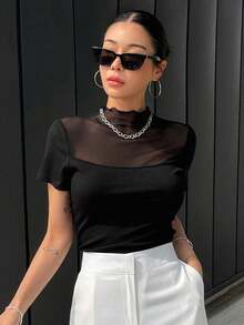 Camiseta de malla negra transparente con patchwork, diseño elegante, ajuste ceñido, top de manga corta para mujer, nueva llegada de verano casual - Negro - Ver 9
