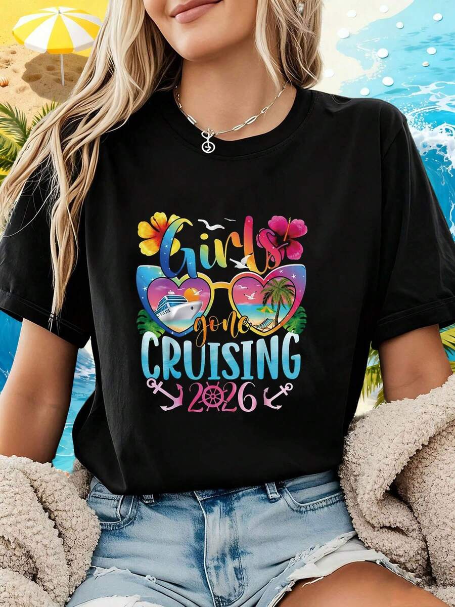 Gone CRUISING 2026 Heart Fashion Glasses Graphic Print Women's T-Shirt, Short Sleeve Crew Neck Casual Top For Summer And Spring, Women's Clothing - 黑色 - 查看 1