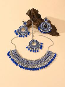 Juego de 4 piezas de joyería estilo bohemio azul, colgante, collar con incrustaciones de diamantes de imitación, cadena para la cabeza, aretes, accesorios de joyería para boda, fiesta y festival - Juego de cuatro piezas - Ver 3