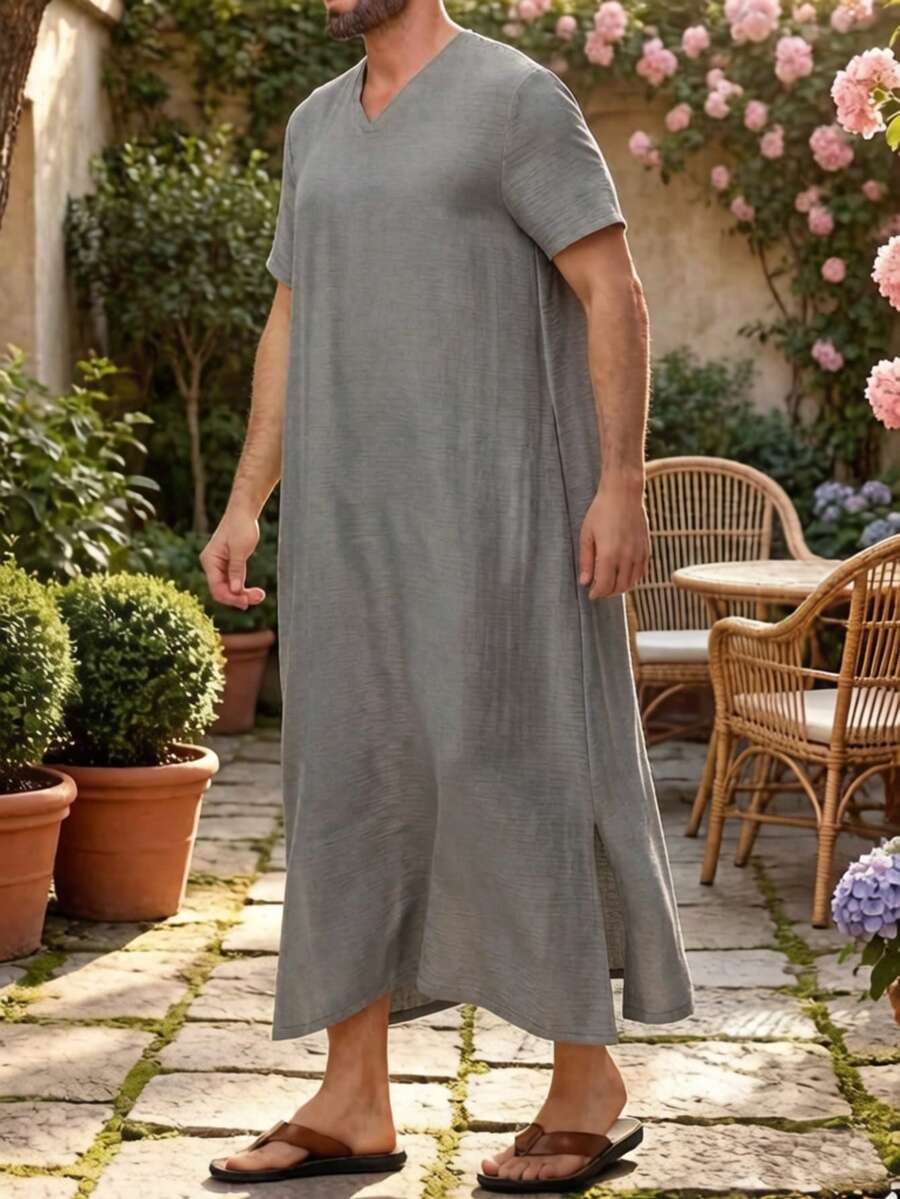 Bata de manga corta musulmana para hombres, bata de casa, bata de vacaciones casual, bata de estilo patio, con bolsillos a ambos lados y bajo con abertura, longitud moderada - Gris - Ver 1