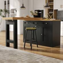 Extendable Bar Table With Storage, Folding Dining Table With Drawer And Snack Shelf, Sliding Bin Holder (Bin Not Included), Space-Saving Design Ideal For Small Apartments And Kitchens, Black - 查看 2