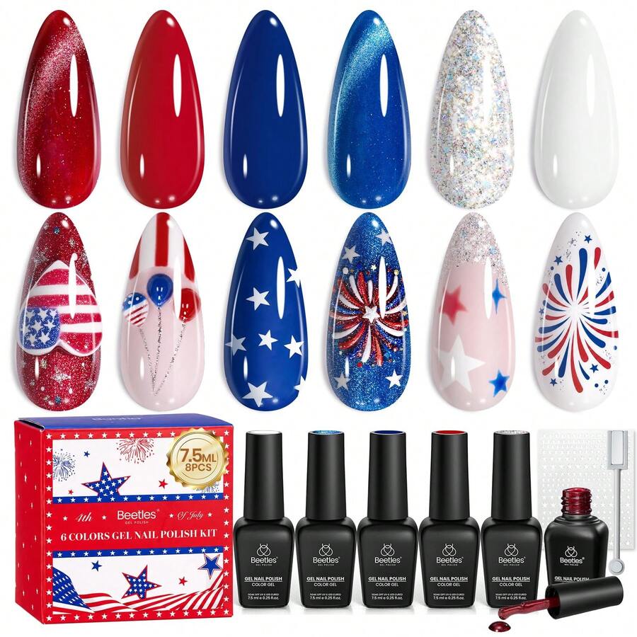 Beetles 4th Of July Gel Nail Polish Set, 6 Colors Red White Blue Cat Eye & Silver Glitter Gel Polish, Comes With Magnet And Stickers, Patriotic DIY Nail Art Gifts For Women - 6 Colors Freedom in Firelight - 查看 1