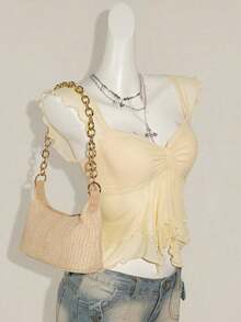 Top sin mangas con volantes, escote con pliegues, ajuste ceñido, parches de malla sexy, espalda con lazo, top casual de vacaciones - Beis - Ver 5