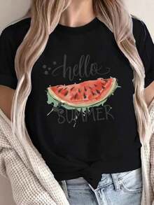 Watermelon Print Crew Neck T-Shirt, Casual Short Sleeve T-Shirt For Spring And Summer, Women's Clothing - Urban Vintage Style, Unisex Loose Cotton Short Sleeve Crew Neck T-Shirt, Blouses For Women, Women's T-Shirts, Casual Blouses For Ladies. - 黑色 - 查看 7