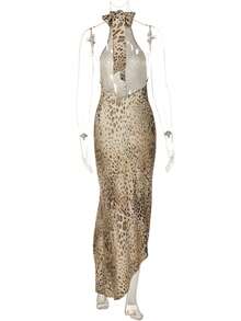 Leopard Print Dress With Halter Neck And Open Back, Fitted Cut - Gold - View 10