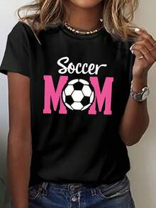 Camiseta con estampado de "MAMÁ del FÚTBOL", Top casual de manga corta y cuello redondo para verano y primavera, Ropa de mujer - Negro - Ver 6