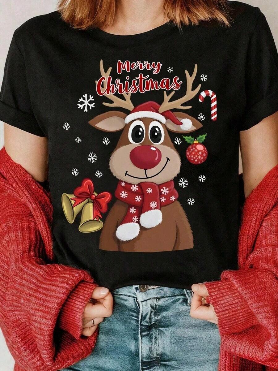 Camiseta básica de manga corta para mujer coreana, versátil, casual, creativa, personalizada, fresca y de alta gama, con estampado de leopardo, patrón de cuadros, cinta, lazo, número 67 y estampado de letrero, adecuada para todas las estaciones, cómoda y versátil. Camiseta con estampado gráfico. - Negro - Ver 1