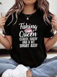 Fishing Queen Women's Summer Outfits CLY, SY AND A LITTLE SMART - Women's Printed Round Neck Short Sleeve T-Shirt, Perfect For Casual Events, Holiday Gifts And Gatherings. - 黑色 - 查看 7