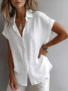 Women's Linen Short Sleeve Shirt Loose Comfortable Casual V-Neck Top White Summer - White - View 2