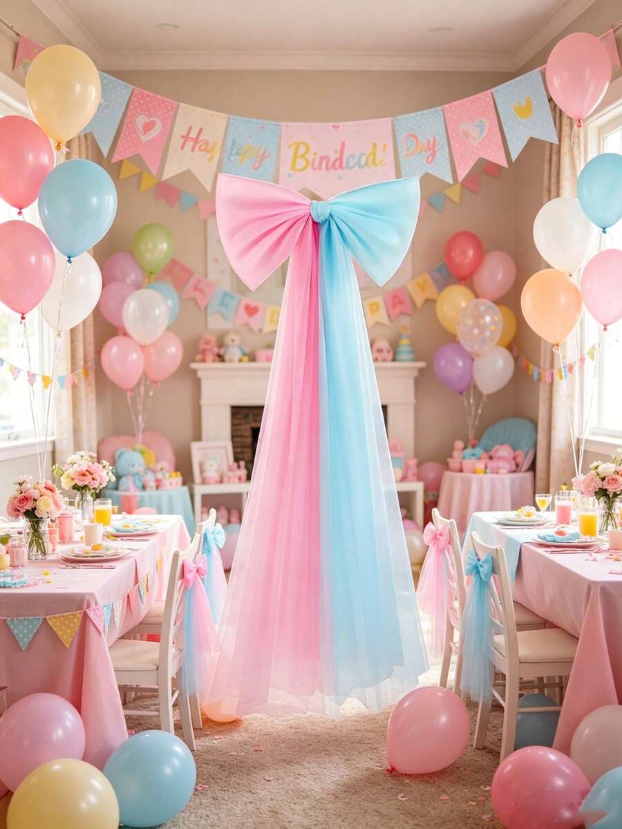 1pc Large Pink & Blue Gender Reveal Party Tulle Bow Decor - Oversized Bow Backdrop For Baby Shower Photo Area And Venue Centerpiece, Gender Reveal Party Supplies