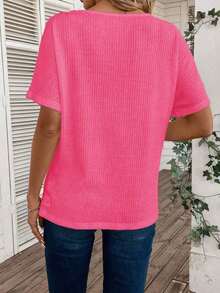 Camiseta de manga corta de uso diario versátil y casual con cuello en V para mujer - Rosa - Ver 2