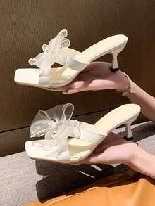 Giày sandal cao gót lưới thắt nơ thanh lịch dành cho nữ, phù hợp cho đám cưới, đi chơi với bạn bè, du lịch và các dịp khác, một lựa chọn giày dép không thể thiếu cho mùa xuân/hè. - Màu be - Xem 8
