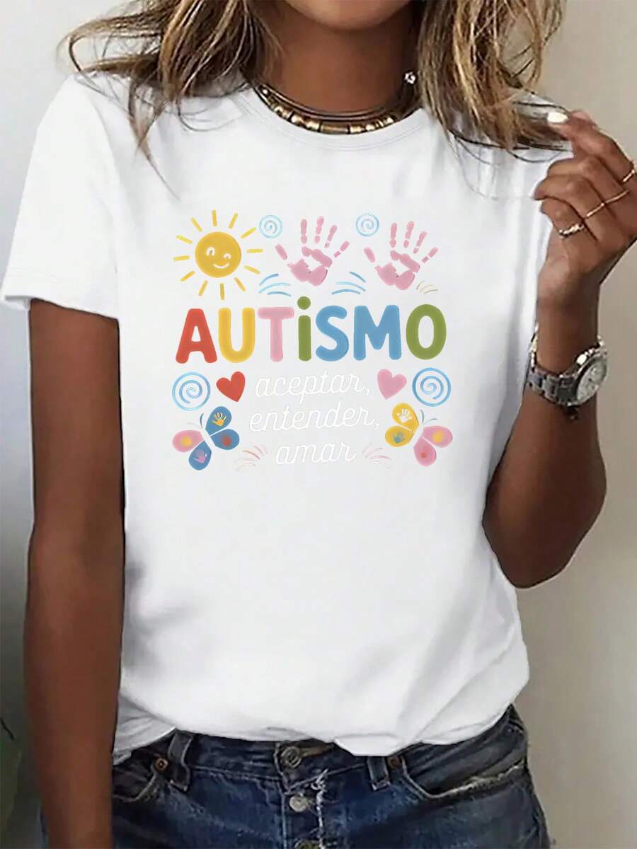 Women's Casual T-Shirt - Palm And Butterfly Print Design, Autism Awareness Theme - Printed Style - Women's Casual Sports T-Shirt - Short Sleeve, Suitable For All Seasons, Comfortable Fabric, Urban Style, Perfect For Everyday Wear, 100% Cotton - 白色 - 查看 1