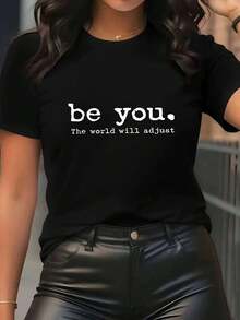 Women's Short Sleeve T-Shirt With Round Neck And Inspirational Text Print - Casual Sporty Style, Soft And Breathable, 95% Polyester 5% Spandex 180g, Stylish And Unique, Full Of Energy, Classic And Comfortable. - 黑色 - 查看 1