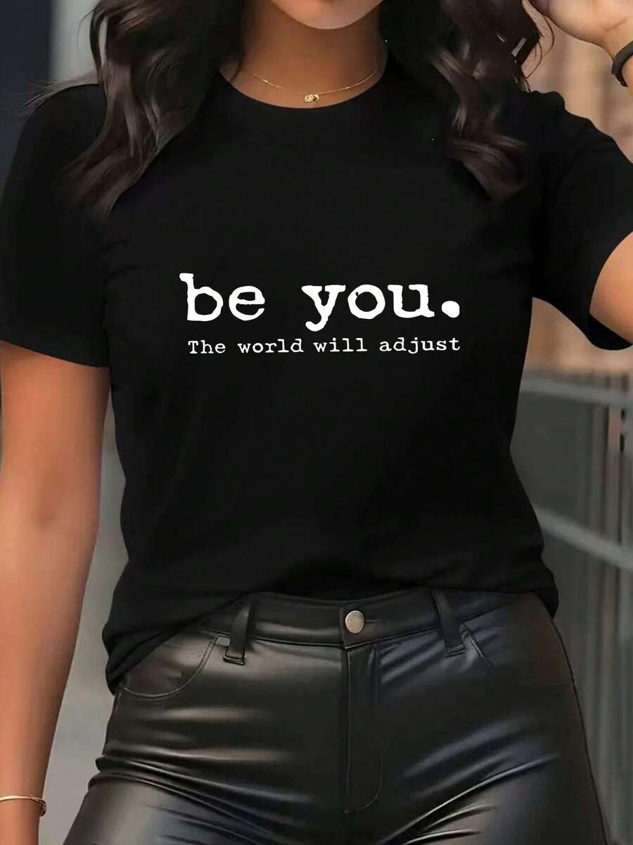 Women's Short Sleeve T-Shirt With Round Neck And Inspirational Text Print - Casual Sporty Style, Soft And Breathable, 95% Polyester 5% Spandex 180g, Stylish And Unique, Full Of Energy, Classic And Comfortable. - 黑色 - 查看 1
