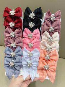 8pcs Solid Color Striped Fabric Bow Hair Clips With Pearl Rhinestone Decor, Cute Girl's School Style Hair Accessories, Suitable For Daily Wear And Party - Multicolor - View 2