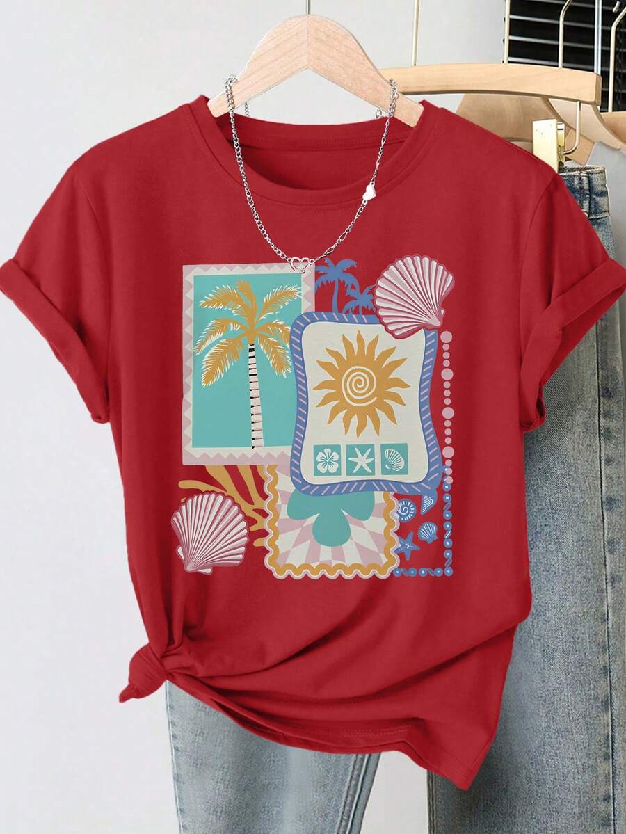 Women's Short-Sleeved Crew Neck T-Shirt, Vintage Style, New Spring/Summer 2026 Collection, With A Tropical Print Of Palm Trees, Sun, Seashells, And Starfish. This Retro Distressed Style Casual Top Is Made Of Soft Knit Fabric And Is A High-Quality Women's Garment. | Fun And Original Design | Suitable For Everyday Wear In Spring, Summer, And Autumn. | A Fun And Youthful Top From TopFashion. - 紅色 - 查看 1