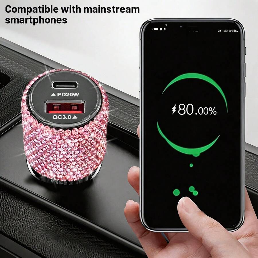1 pièce Chargeur de voiture avec strass étincelants, chargeur rapide Type-C PD 20W et USB QC3.0, 12/24V universel pour voiture, camion, SUV, câble de charge rapide 3-en-1 pour téléphones, écouteurs, caméra de tableau de bord, GPS, drones, cadeau idéal pour anniversaire, vacances et accessoires automobiles