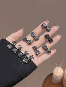 6/12pcs Women's Luxury Small Faux Rhinestone Bow Hair Clips, Exquisite Side Bangs Clips, Flyaway Hair Pins, Fashion Alligator Hair Clips, Suitable For Side Bangs, Forehead Flyaways, Perfect Gift For Girlfriend, Back To School Season, Dates, Beach Vacation, Practical Hair Accessory Gift! - Black - View 2