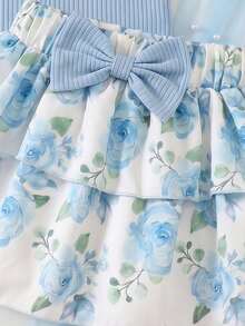 2pcs Baby Girls Cute Ruffle Sleeve Ribbed Top And Print Bow Skirt Set, Suitable For Summer - Blue - View 5