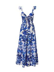 Amore Women's Summer Blue And White Tropical Flower Pineapple Printed Strap Top Long Dress With V-Neck And Ruffle Edge, Cinched Waist For Slimming, Suitable For Beach, Island, Beach, Travel Check-In, Vacation, Light Party, Tropical Style Dressing, Summer Dress,Festival Dresses,Elegant Dresses For Party,Wedding Guest Dress For Women,Beach Dress,Casual Dresses For Women,Vacation Outfits Women - Blue and White - View 7