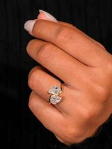 Bague de fiançailles, bague de mariage, bague de promesse, bague de cocktail unique en zircone cubique de coupe poire synthétique. Cadeau pour les fiançailles, l'anniversaire de mariage, Thanksgiving, la fête des mères - golden - Voir 4