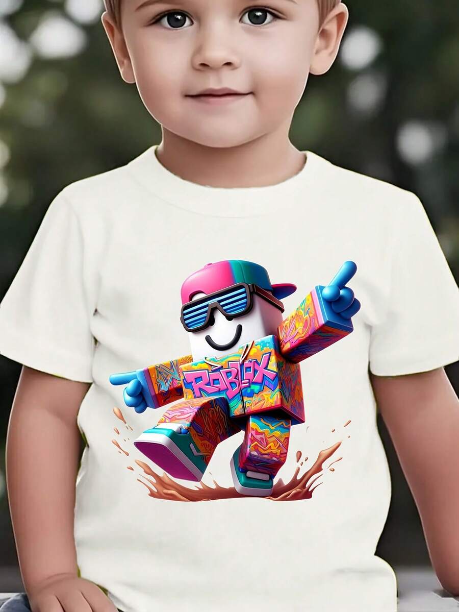 Children's Summer Casual Graphic Round Neck Short Sleeve T-Shirt New Style T-Shirt For Boys, Easy And Stylish Tee,Comfortable Short Sleeve Tees Perfect For Boys Shirts Boy Girl Best Gift Matching Parent-Child Outfits 2026 New Summer Versatile T-Shirt - 白色 - 查看 1