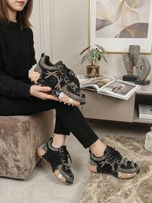 Nuevas zapatillas deportivas con plataforma y lazo completamente enjoyado con diamante de imitación, zapatos casuales de moda y cómodos para el uso diario - Negro - Ver 2