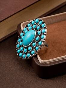1pc Bohemian Vintage Turquoise Ring, Antique Carved Silver Plated Adjustable Open Ring, Western Accessory, Unique Design Women's Ring - Turquoise Ring - View 4