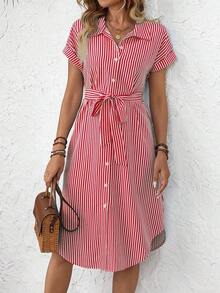 Vestido midi casual de mujer con botones frontales a rayas, vestido de verano con cintura anudada, vestido de trabajo de verano, vestido preppy, vestido con botones para mujer, vestido a rayas azul, vestidos de verano para mujer, conjuntos de v - Rojo y blanco - Ver 3