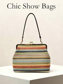 Túi đeo vai nữ kiểu Bohemian kẻ sọc bằng sợi raffia, khóa cài kiểu nụ hôn, túi xách cầm tay khung dệt mùa hè đi biển. - Nhiều màu - Xem 1