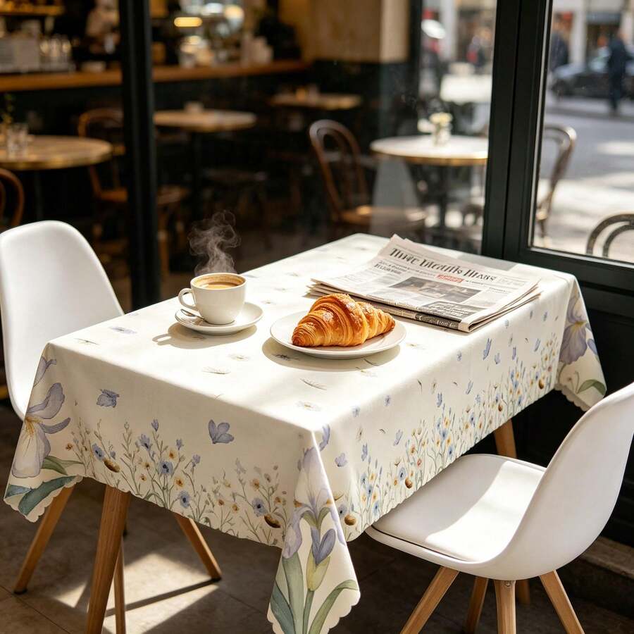 2D Flat Print Fresh Iris & Daisy Tablecloth, Light Beige Base With Watercolor Blue & Purple Floral Pattern, 1pc Polyester Round/Rectangle Tablecloth, Suitable For Indoor Dining, Outdoor Picnic, Garden Party, Dust Cover, Multi-Size Available, Indoor & Outdoor Use - A - View 1