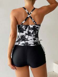 Bikini Estilo Chaleco Estampado Con Palmeras Para Mujer, Para Carnaval - Negro - Ver 2