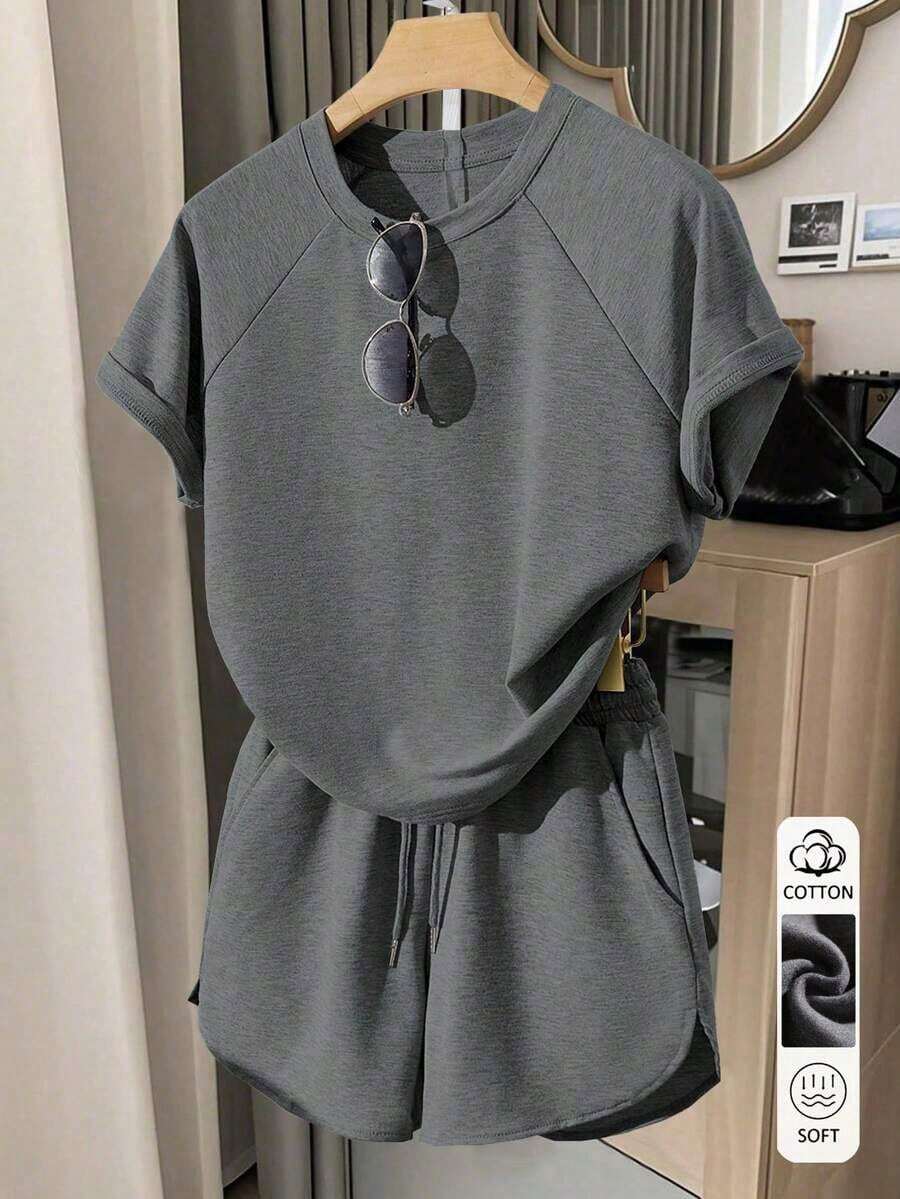 Conjunto deportivo casual para mujer, adecuado para uso diario, temporada de regreso a la escuela, fotografía callejera, imprescindible, atuendo diario, uso al aire libre, campamento, viaje, de moda y con estilo, conjunto de camiseta y pantalones c - Gris Oscuro 2 - Ver 1