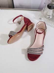 Summer New Fashion Rhinestone Peep Toe High Heel Sandals For Girls, Versatile Princess Shoes For Party, Wedding, Performance, Suitable For Toddler, Little, Big Kids - Burgundy - View 3