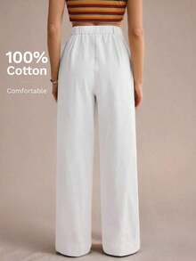 Tall Pantalones anchos de cintura alta con bolsillos, pantalones casuales de mujer 100% algodón blancos - Blanco - Ver 2