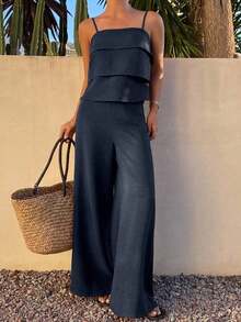 Conjunto de 2 piezas de top de tirantes con volantes y pantalones sueltos casuales de verano para mujer - Azul marino 2 - Ver 4