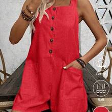 Women's Solid Color Casual Vacation Style Jumpsuit With Single Button Closure, Summer For New Year Clothes - Caqui - Ver 8
