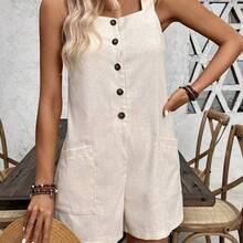 Women's Solid Color Casual Vacation Style Jumpsuit With Single Button Closure, Summer For New Year Clothes - Caqui - Ver 4