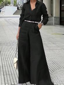 2 piezas Conjunto elegante de verano para mujer, conjunto casual de verano ajustado, incluye camisa tipo cárdigan y pantalones de pierna ancha con cintura elástica, adecuado para el Día de San Patricio y la primavera - Negro - Ver 3