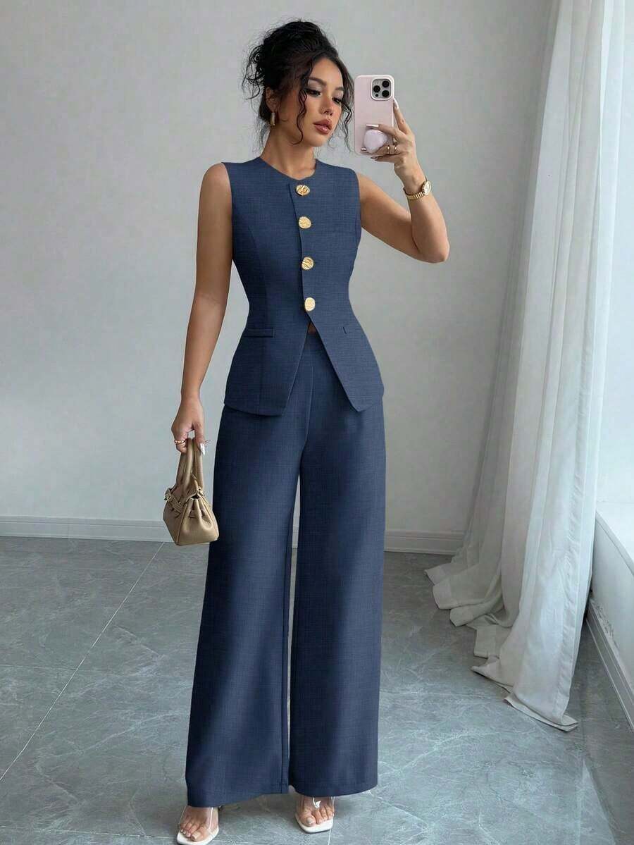Traje casual/de trabajo elegante de mujer con decoración de botones florales - Azul - Ver 1